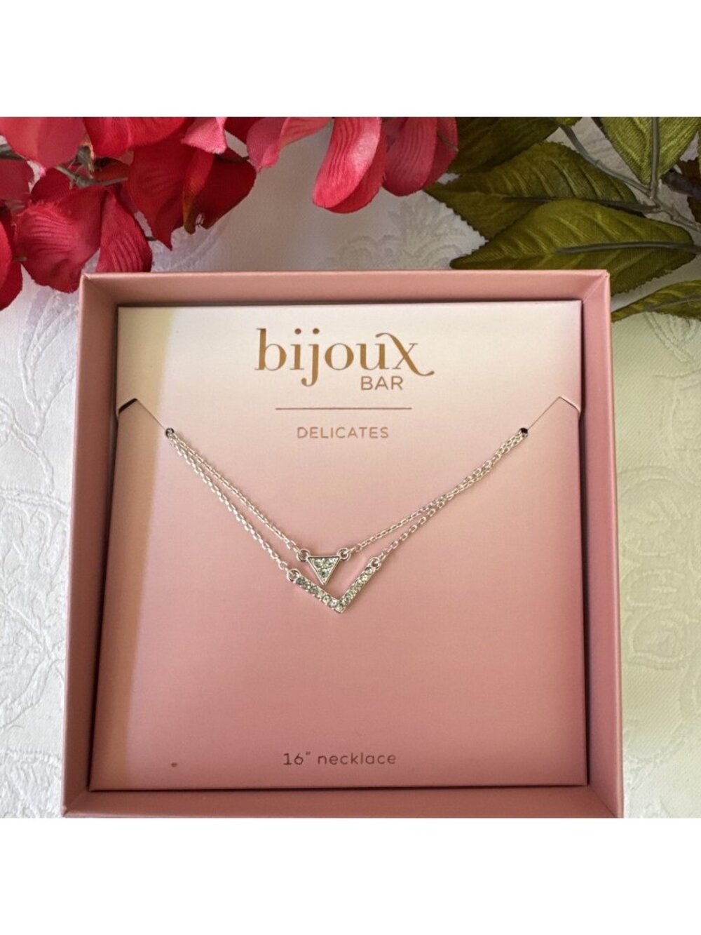 Bijoux Delicates Silvertone 2 Chain Bar Charm Layered Statement 16" Necklace NEW